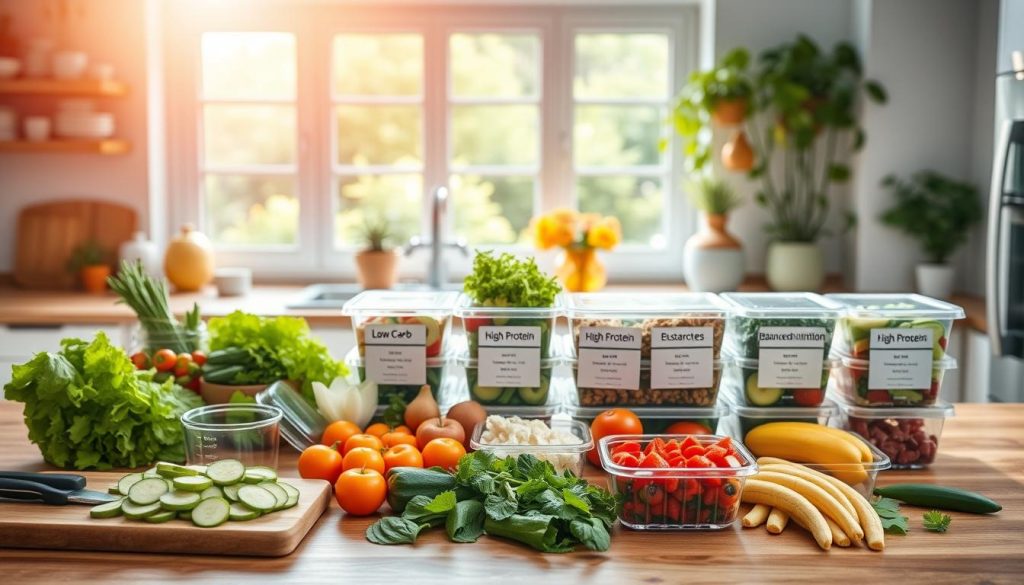 A bright, airy kitchen scene showcasing an array of fresh, colorful ingredients arranged on a wooden table. In the foreground, a cutting board with sliced vegetables, a blender, and measuring cups, conveying the idea of meal preparation. In the middle ground, a variety of meal containers, each labeled with a different dietary goal, such as "Low Carb," "High Protein," and "Balanced Nutrition." The background features a large window overlooking a lush, green garden, creating a serene, wellness-focused atmosphere. Warm, natural lighting filters through the scene, accentuating the vibrant colors and textures of the food items. The overall composition emphasizes the concept of personalized, nutritious meal plans for weight loss.