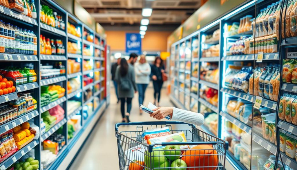 A brightly lit grocery aisle, shelves stocked with fresh produce, whole grains, and healthy snacks. A shopper, dressed casually in a light sweater, carefully examines nutrition labels, compiling a cart filled with vibrant, nutritious ingredients. The scene is bathed in warm, natural lighting, creating a sense of calm and mindfulness. In the background, other shoppers move through the store, engaged in their own methodical selections. The overall atmosphere conveys a focused, purposeful approach to grocery shopping, reflecting a commitment to nourishing, wholesome meals.