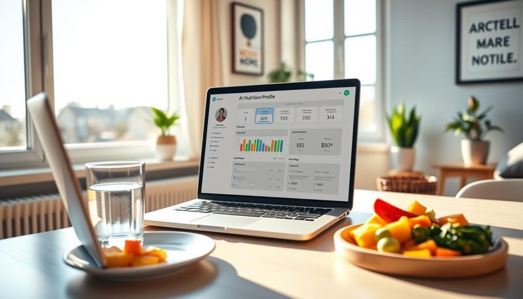 A clean, minimalist home office setup with a laptop, a glass of water, and a plate of healthy snacks. The laptop screen displays a personalized AI nutrition profile with detailed macronutrient breakdowns, recommended daily intake, and meal planning suggestions. Warm, natural lighting floods the scene through large windows, creating a serene, productive atmosphere. The room is decorated with a few potted plants and motivational artwork on the walls. The overall vibe is one of thoughtful self-care and a data-driven approach to wellness.
