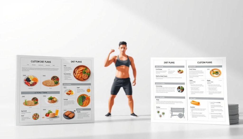 A detailed illustration of custom diet plans for fitness goals. In the foreground, a clean and modern design layout showcases various diet plans, meal options, and nutritional information. The middle ground features a fitness model demonstrating exercises, with a neutral gray background. Soft, natural lighting illuminates the scene, creating a sense of clarity and focus. The composition uses a wide-angle lens to capture the entire scene, with a slight elevated angle to convey a sense of authority and expertise. The overall mood is professional, informative, and visually appealing, reflecting the subject matter of creating personalized diet plans to achieve fitness goals.