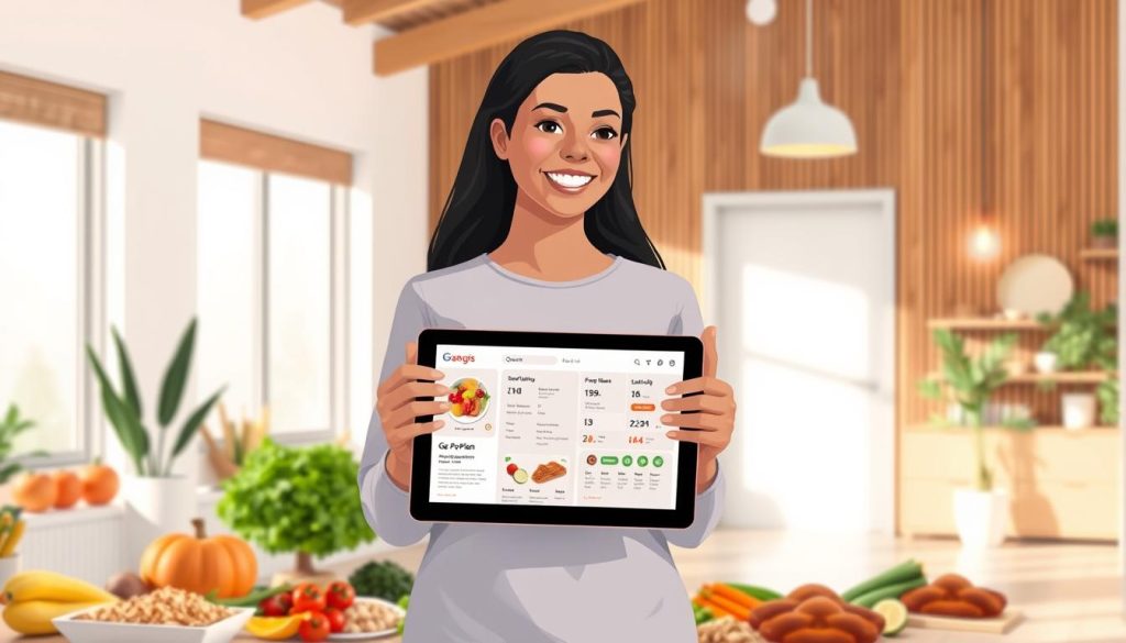A digital illustration depicting a personalized dietary advice concept. In the foreground, a smiling person stands in a well-lit room, holding a tablet that displays a customized meal plan and nutritional information. The middle ground features various healthy food items, such as fresh produce, grains, and lean proteins, arranged in an aesthetically pleasing manner. The background showcases a serene, minimalist interior design with natural elements like potted plants, wooden accents, and soft, warm lighting, creating a calming atmosphere. The overall scene conveys a sense of empowerment, wellness, and personalization, reflecting the subject of troubleshooting common challenges with AI-powered diet systems.