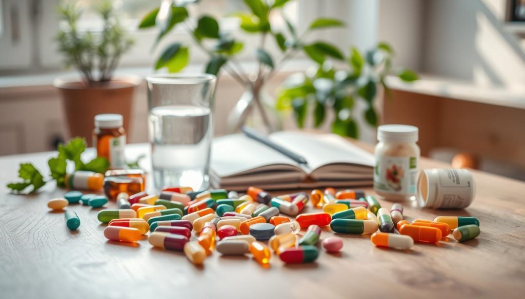 A neatly organized wooden table, bathed in soft natural light, hosts an assortment of colorful vitamins and supplements. In the foreground, a selection of capsules, tablets, and softgels are artfully arranged, each reflecting the hues of their respective nutrients. The middle ground features a glass of water and a notebook, symbolizing the daily routine and record-keeping. In the background, lush green plants and a simple vase add a touch of nature, evoking a sense of wellness and balance. The overall scene conveys a serene, organized, and intentional approach to maintaining a healthy, vitamin-rich lifestyle.
