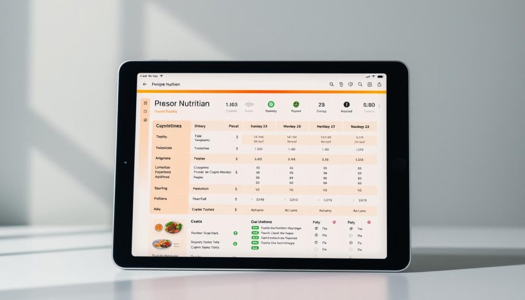 A personalized nutrition plan displayed on a digital tablet, showcased in a modern, minimalist setting. The tablet screen depicts a comprehensive health profile, including detailed dietary recommendations, macronutrient breakdowns, and personalized meal suggestions. The composition is well-lit, with soft, diffused lighting from above, casting gentle shadows and highlighting the clean, sleek lines of the device. The background is a muted, neutral palette, allowing the plan details to take center stage, conveying a sense of focus, precision, and the benefits of a tailored approach to healthy eating.