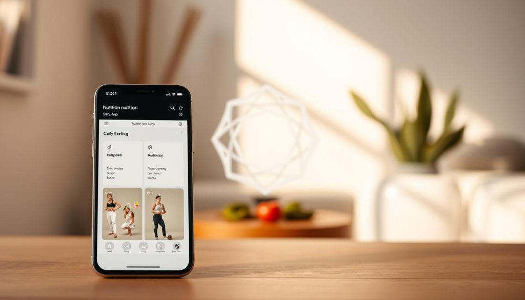 A sleek, minimalist user interface for an AI-powered nutrition app, featuring a clean dashboard with intuitive controls. The foreground showcases a mobile device displaying the app's setup screens, with warm, natural lighting illuminating the crisp, high-resolution graphics. The middle ground features a stylized representation of the app's AI assistant, perhaps as an abstract geometric shape or a subtle visual element, conveying the app's intelligent, data-driven approach. The background subtly suggests a modern, wellness-focused environment, with muted, earthy tones and a sense of calm and focus.