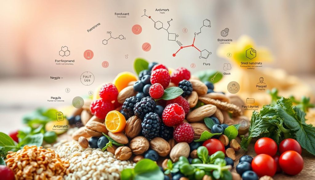 A vibrant, scientifically-accurate illustration of the health benefits of functional foods. In the foreground, a central cluster of diverse, nutrient-dense ingredients such as berries, nuts, leafy greens, and whole grains. Surrounding them, a halo of molecular diagrams, icons, and infographic elements that visually explain their bioactive compounds, antioxidants, and mechanisms of action. In the background, a subtle gradient or texture that evokes a sense of scientific research and clinical study. The lighting is clean and natural, with a warm, inviting palette that suggests the holistic power of these health-promoting foods. Captured with a focused, high-resolution lens to emphasize the details and convey the rigorous science underlying functional food benefits.