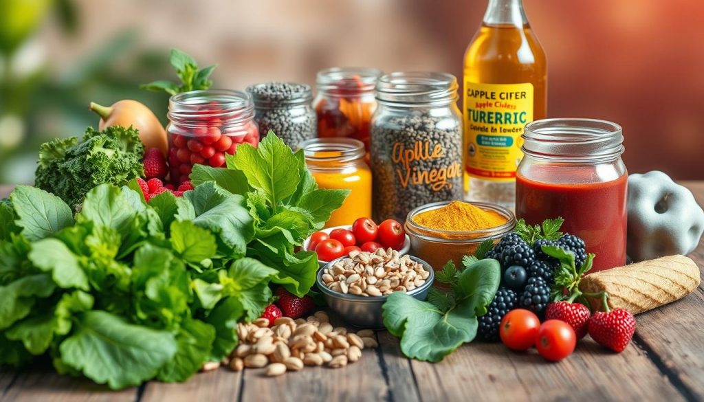 A vibrant still life arrangement showcasing a diverse array of functional foods for better health. In the foreground, a variety of fresh produce including leafy greens, vibrant berries, and crunchy nuts are artfully arranged on a rustic wooden table. The middle ground features jars of nutritious superfoods like chia seeds, goji berries, and turmeric powder, complemented by a vintage glass bottle of apple cider vinegar. The background is softly blurred, creating a warm, natural ambiance with hints of natural light filtering through the scene. The overall composition radiates a sense of vitality, wellness, and the power of wholesome, functional ingredients to nourish the body.
