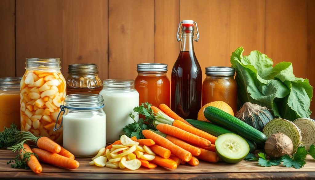 A vibrant still life showcasing an array of probiotic-rich foods. In the foreground, a wooden table is adorned with various fermented delights - jars of tangy sauerkraut, creamy kefir, and bubbling kombucha. Crisp, freshly-harvested vegetables such as carrots, cabbage, and cucumbers are arranged alongside these fermented treasures. In the middle ground, a natural light streams in, casting a warm, golden glow over the scene. The background features a simple, rustic backdrop, allowing the probiotic-packed ingredients to take center stage. The overall composition conveys a sense of nourishment, vitality, and the beneficial power of gut-supporting foods.