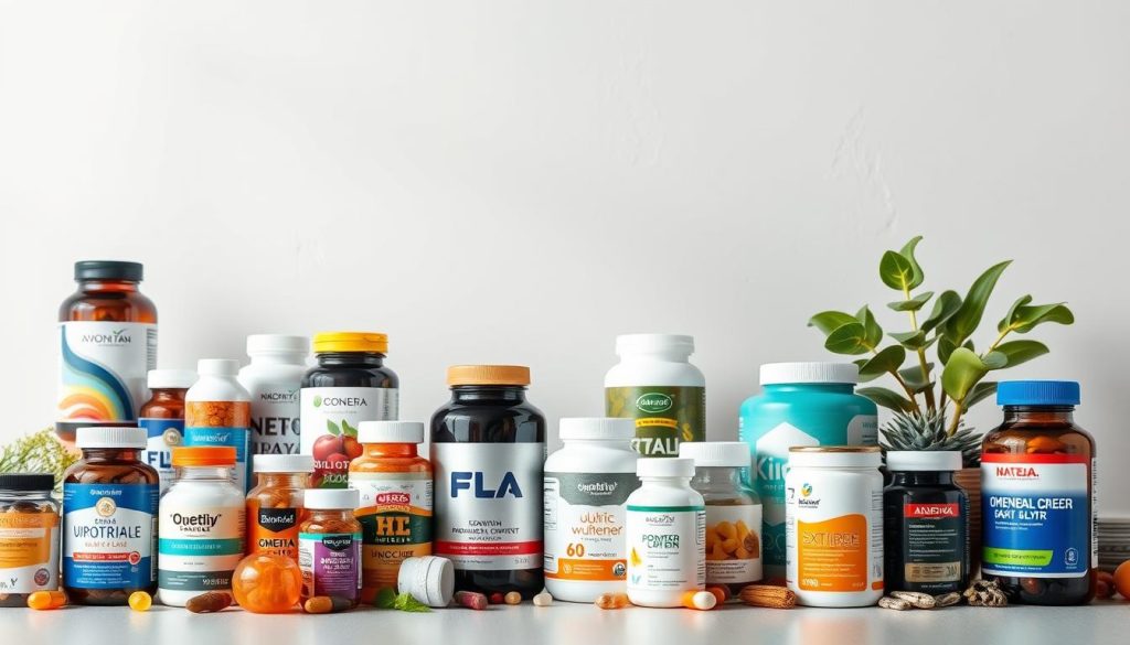 A well-lit, high-quality studio photograph showcasing an assortment of the most popular and trending dietary supplements for 2025. The foreground features a clean and organized display of various bottles, jars, and containers of supplements such as multivitamins, protein powders, omega-3 fish oils, probiotics, and herbal extracts. The middle ground includes a clean, minimalist background with subtle textures and soft lighting that highlights the vibrant colors and branding of the supplement products. The overall composition conveys a sense of professionalism, quality, and consumer appeal for the top trending supplements of the upcoming year.