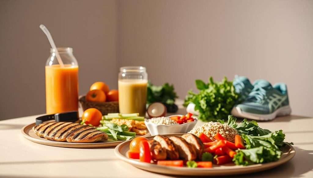 A well-lit studio scene with a clean, minimalist table arrangement. In the foreground, a variety of wholesome, vibrant meal options laid out neatly - grilled chicken, fresh vegetables, whole grains, and a smoothie. In the middle ground, a fitness tracker, a water bottle, and a pair of lightweight running shoes, suggesting a healthy, active lifestyle. The background features a soft, blurred gradient, creating a sense of focus on the dietary elements. The lighting is warm and natural, casting gentle shadows that accentuate the textures and colors of the scene. The overall mood is one of balance, discipline, and attainable wellness.